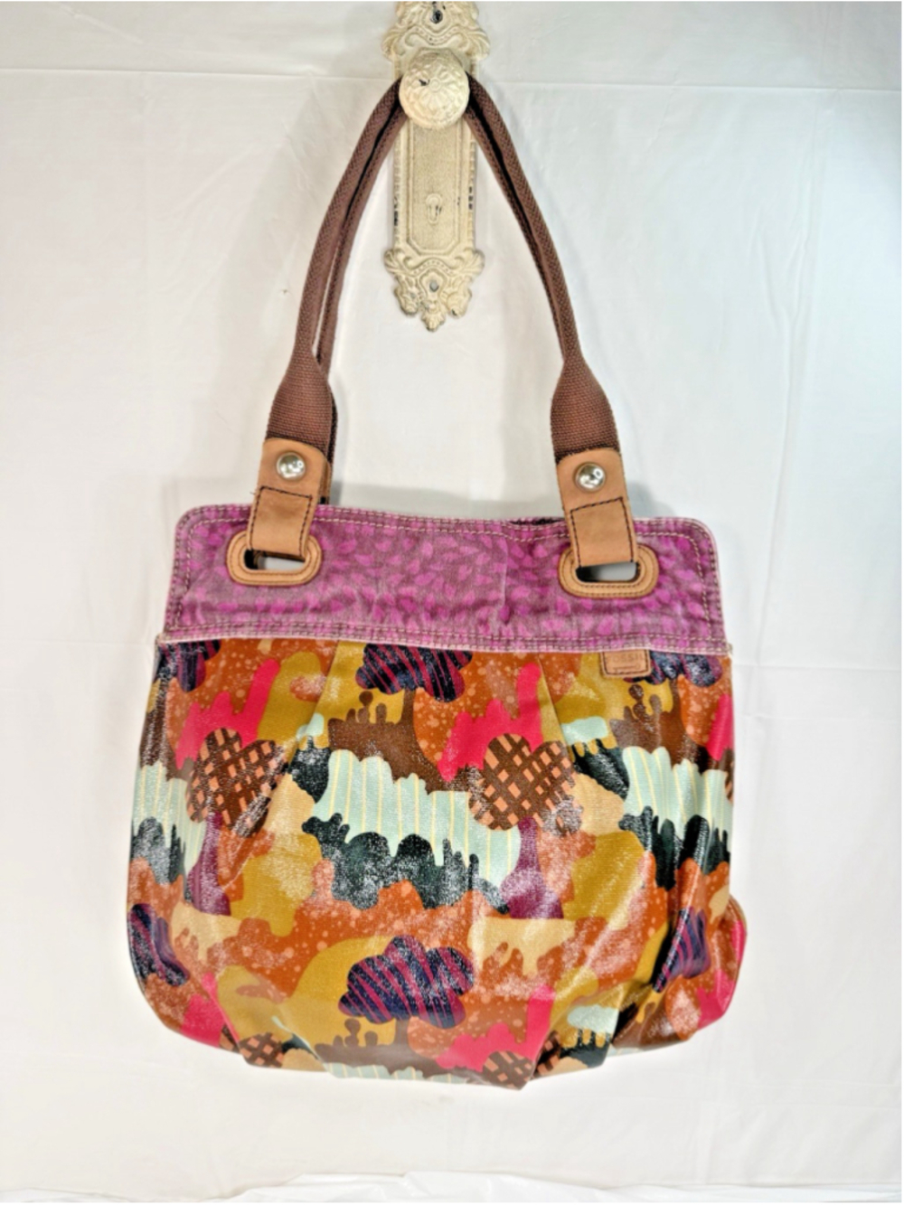 Fossil Key Per Purse Hand Bag Coated Canvas Tote Leather